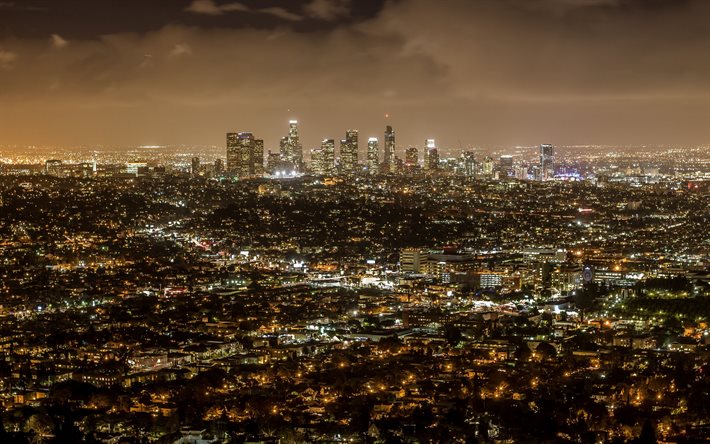 Los Angeles, y&#246;, skyline, panorama, Los Angeles kaupunkikuvaan, metropoli, moderni kaupunki, moderneja rakennuksia, California, USA