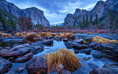 Yosemite National Park, autumn, mountains, dusk, Sierra Nevada, fog, California, USA, beautiful nature, american landmarks, America