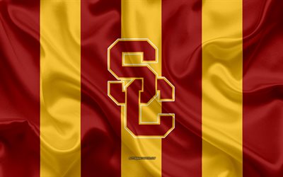 USC Trojans, American football team, emblem, silk flag, red-yellow silk texture, NCAA, USC Trojans logo, Los Angeles, California, USA, American football, University of Southern California