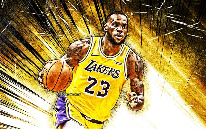 LeBron James, grunge de l&#39;art, de la NBA, 4k, Los Angeles Lakers, jaune abstrait rayons, stars du basket-ball, LeBron Raymone James Sr, basket-ball, LA Lakers, LeBron James 4K, cr&#233;atif, LeBron James Lakers