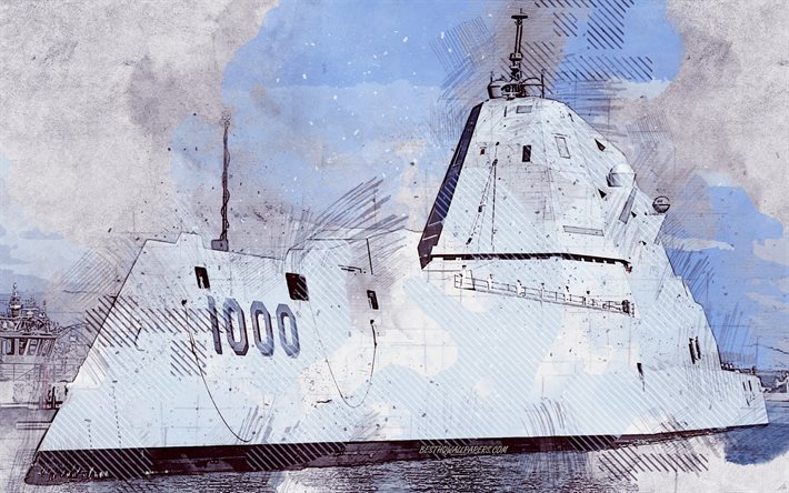 USS Zumwalt, DDG-1000, الولايات المتحدة الأمريكية, الجرونج الفن, الفنون الإبداعية, رسمت USS Zumwalt, الرسم, USS Zumwalt الجرونج, الفن الرقمي, البحرية الأمريكية, رسمت السفن الحربية