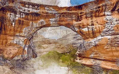 Sipapu Bridge, Utah, USA, natural bridge, grunge art, creative art, painted Sipapu Bridge, drawing, Sipapu Bridge grunge, digital art, Natural Bridges National Monument