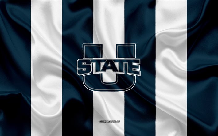 Utah State Aggies, American football team, emblem, silk flag, blue white silk texture, NCAA, Utah State Aggies logo, Logan, Utah, USA, American football