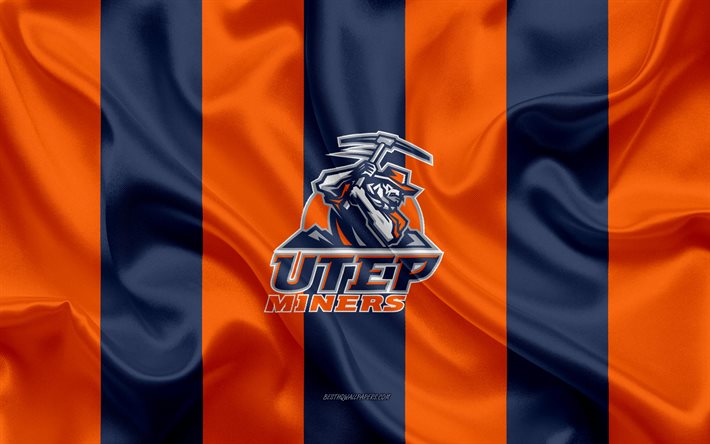 UTEP Miners, American football team, emblem, silk flag, orange-blue silk texture, NCAA, UTEP Miners logo, El Paso, Texas, USA, American football, University of Texas