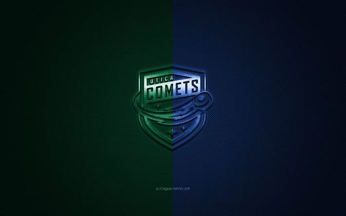 Utica Comets Am&#233;ricaine de hockey club, AHL, vert-logo bleu, vert-bleu en fibre de carbone de fond, le hockey, Utica, New York, &#233;tats-unis, Utica Comets logo