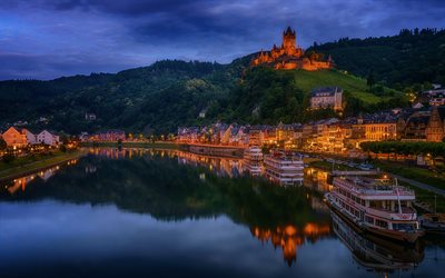 Reichsburg Cochem, Cochem, Moselle, evening, sunset, old castle, German castles, Germany
