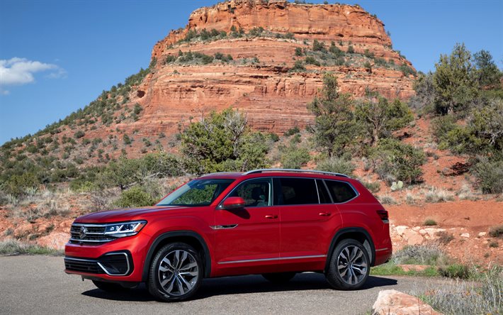 Volkswagen Atlas, 2020, SUV, front view, exterior, new red Atlas, german cars, Volkswagen