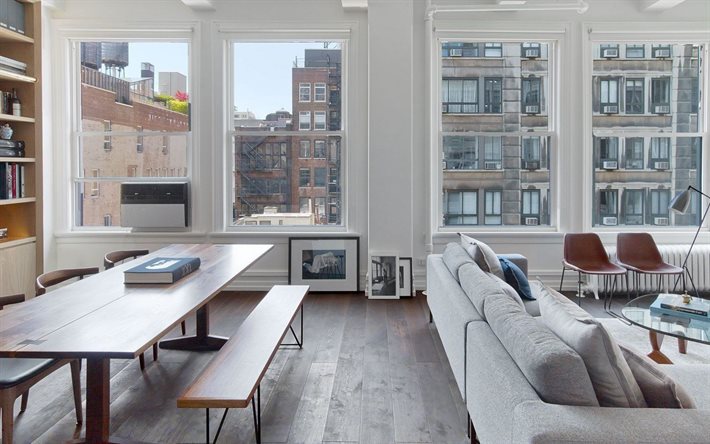 Apartamento de nova Iorque interior, estilo americano interior, sala de estar, um design interior moderno, Nova York