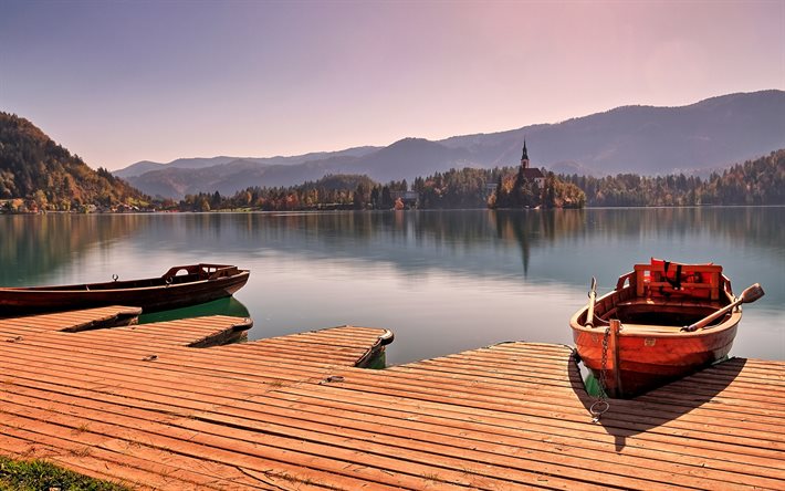 ブレッド湖, 夜, 夕日, ブレッド, 教会は、島, 山の風景, 美しい湖, スロベニア