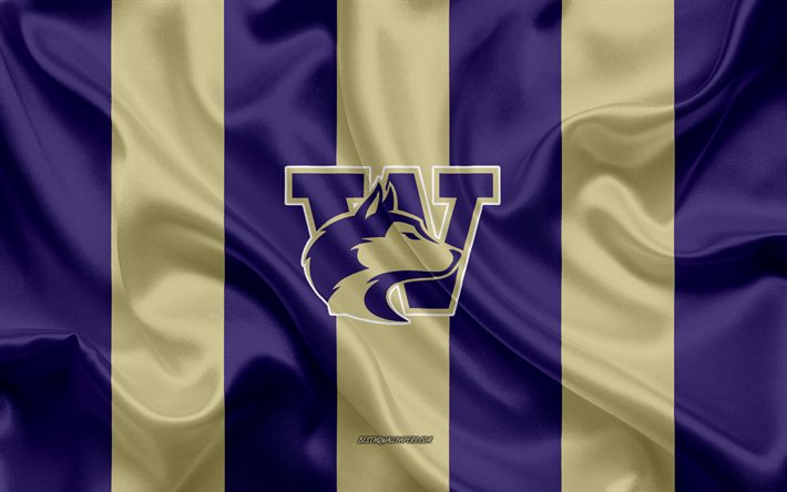 ワシントンHuskies, アメリカのサッカーチーム, エンブレム, 絹の旗を, 紫色に金糸の質感, NCAA, ワシントンHuskiesロゴ, シアトル, ワシントン, 米国, アメリカのサッカー
