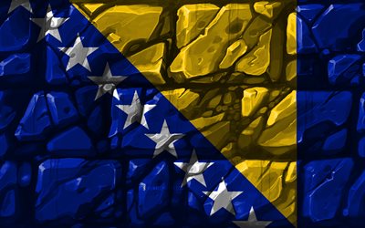 Bosniaco bandiera, brickwall, 4k, i paesi Europei, simboli nazionali, Bandiera della Bosnia ed Erzegovina, creativo, Bosnia-Erzegovina, in Europa, in Bosnia-Erzegovina 3D bandiera