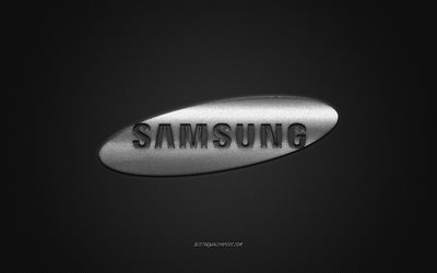 Samsung logo, silver shiny logo, Samsung metal emblem, wallpaper for Samsung devices, gray carbon fiber texture, Samsung, brands, creative art