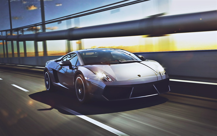 Lamborghini Gallardo, supercars, desenfoque de movimiento, de carretera, de color gris, Gallardo, italiano coches, Lamborghini