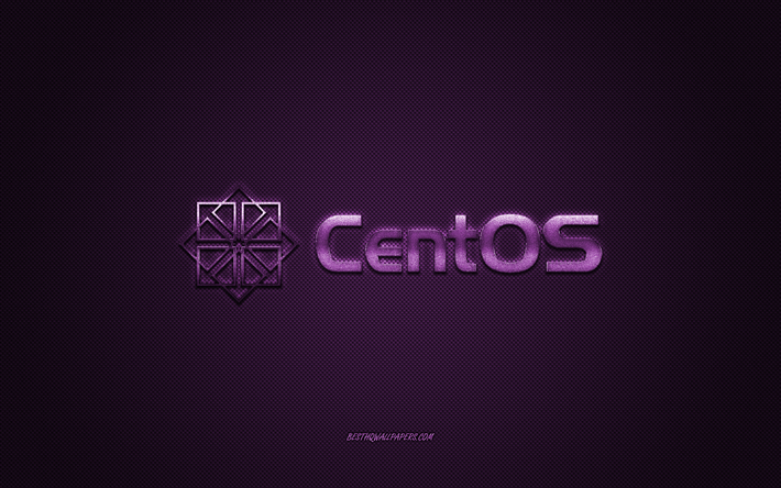 CentOS-logo, violetti kiilt&#228;v&#228; logo, CentOS metalli-tunnus, taustakuva CentOS-laitteet, violetti hiilikuitu rakenne, CentOS, merkkej&#228;, creative art