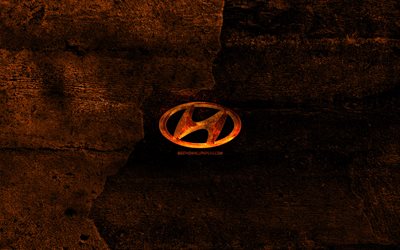 Hyundai brinnande logotyp, bilar varum&#228;rken, orange sten bakgrund, kreativa, Hyundai logotyp, varum&#228;rken, Hyundai