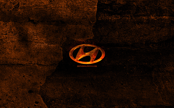 Hyundai fiery logo, cars brands, orange stone background, creative, Hyundai logo, brands, Hyundai