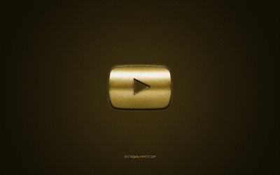 Youtubes logotyp, gyllene gl&#228;nsande logotyp, YouTube metall emblem, YouTube-golden-knappen, golden kolfiber konsistens, YouTube, varum&#228;rken, kreativ konst