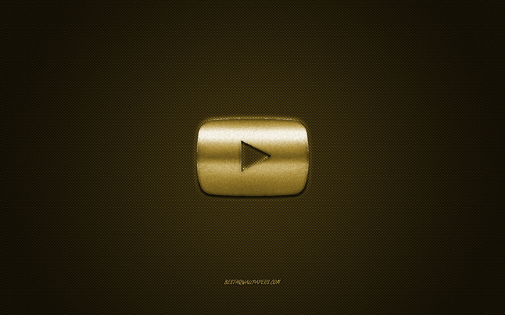 YouTube-logo, golden kiilt&#228;v&#228; logo, YouTube-metalli-tunnus, YouTube-golden-painiketta, golden hiilikuitu rakenne, YouTube, merkkej&#228;, creative art