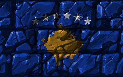 Kosovarフラグ, brickwall, 4k, 欧州諸国, 国立記号, フラグのコソボ, 創造, コソボ, 欧州, コソボの3Dフラグ