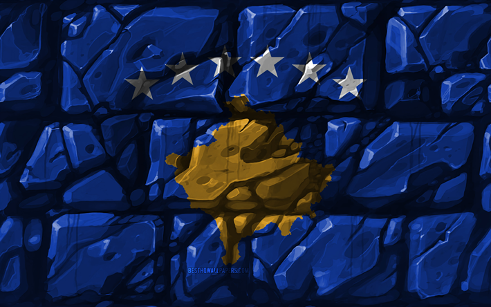 Kosovari, bandiera, brickwall, 4k, i paesi Europei, simboli nazionali, Bandiera del Kosovo, la creativit&#224;, il Kosovo, l&#39;Europa, il Kosovo 3D bandiera