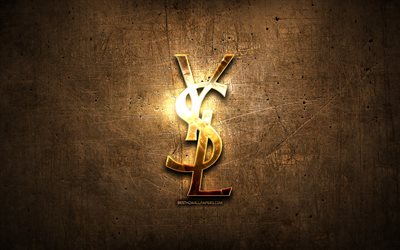 Yves Saint Laurent golden logo, artwork, brown metal background, creative, Yves Saint Laurent logo, brands, Yves Saint Laurent