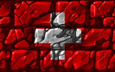 Swiss flag, brickwall, 4k, European countries, national symbols, Flag of Switzerland, creative, Switzerland, Europe, Switzerland 3D flag