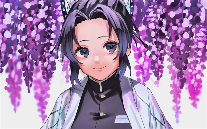 Shinobu Kochou, violetta blommor, Kimetsu ingen Yaiba, Demon Hunter, manga, konstverk, Kocho Shinobu