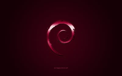 Logo de Debian, p&#250;rpura brillante logotipo de Debian emblema de metal, papel tapiz para Debian dispositivos, p&#250;rpura textura de fibra de carbono, Debian, marcas, arte creativo