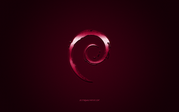 Debian-logo, violetti kiilt&#228;v&#228; logo, Debian-metalli-tunnus, taustakuva Debian-laitteet, violetti hiilikuitu rakenne, Debian, merkkej&#228;, creative art