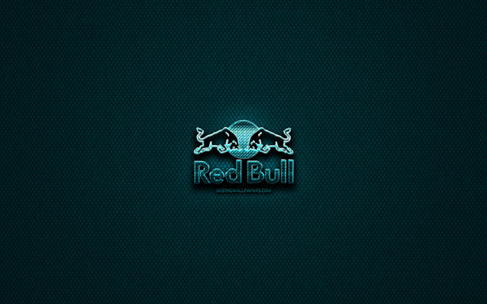 Red Bull glitter logo, creative, blue metal background, Red Bull logo, brands, Red Bull