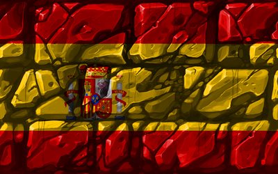 العلم الاسباني, brickwall, 4k, البلدان الأوروبية, الرموز الوطنية, علم إسبانيا, الإبداعية, إسبانيا, أوروبا, إسبانيا 3D العلم
