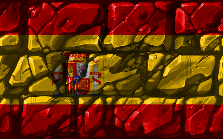 Spanish flag, brickwall, 4k, European countries, national symbols, Flag of Spain, creative, Spain, Europe, Spain 3D flag