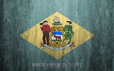 Flag of Delaware, 4k, stone background, American state, grunge flag, Delaware flag, USA, grunge art, Delaware, flags of US states