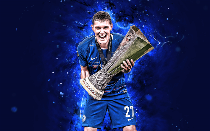 4k, Andreas Christensen with cup, Chelsea FC, danish footballers, UEFA Europa League, abstract art, soccer, football, neon lights, Andreas Bodtker Christensen, Andreas Christensen