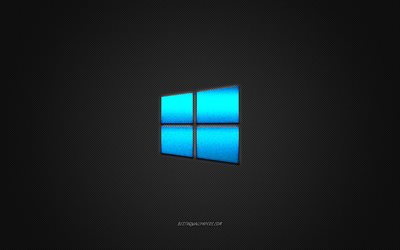Windows 10 logotipo, azul brillante logotipo de Windows 10 emblema de metal, fondo de pantalla para Windows 10, gris textura de fibra de carbono, Windows, marcas, arte creativo