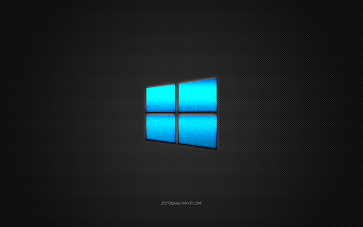 Windows10のロゴ, 青色の光沢のあるロゴ, Windows10金属エンブレム, 壁紙Windows10, グレーの炭素繊維の質感, Windows, ブランド, 【クリエイティブ-アート