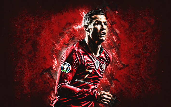 Cristiano Ronaldo, Portugalin jalkapallomaajoukkue, CR7, Portugalin jalkapalloilija, muotokuva, punainen kivi tausta, jalkapallo, Portugali