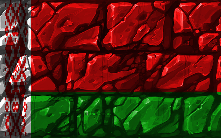 Belorussian flag, brickwall, 4k, European countries, national symbols, Flag of Belarus, creative, Belarus, Europe, Belarus 3D flag