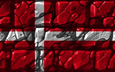 Drapeau danois, brickwall, 4k, les pays Europ&#233;ens, les symboles nationaux, le Drapeau du Danemark, de la cr&#233;ativit&#233;, du Danemark, de l&#39;Europe, le Danemark 3D drapeau