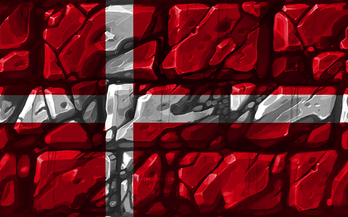Bandera danesa, brickwall, 4k, los pa&#237;ses Europeos, los s&#237;mbolos nacionales, la Bandera de Dinamarca, creativo, Dinamarca, Europa, Dinamarca 3D de la bandera