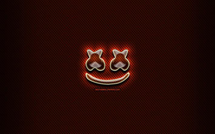 DJ Marshmello glass logo, orange background, music stars, artwork, brands, Marshmello logo, creative, Marshmello DJ