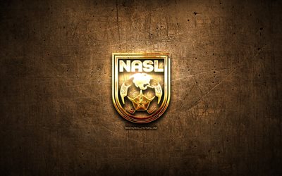 NASL golden logo, ball footleagues, artwork, North American Soccer League, brown metal background, creative, NASL logo, brands, NASL