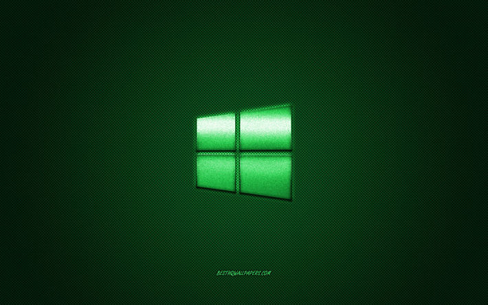 Windows 10 logotipo, verde brillante logotipo de Windows 10 emblema de metal, fondo de pantalla para Windows 10, verde textura de fibra de carbono, Windows, marcas, arte creativo