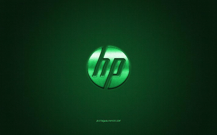 Logotipo de HP, de color verde brillante logotipo de HP emblema de metal, Hewlett-Packard, fondo de pantalla para los dispositivos de HP, verde textura de fibra de carbono, HP, marcas, arte creativo