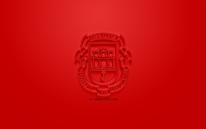 Gibraltar national football team, creative 3D logo, red background, 3d emblem, Gibraltar, Europe, UEFA, 3d art, football, stylish 3d logo