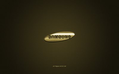Il logo di Samsung, oro lucido logo Samsung in metallo emblema, carta da parati per dispositivi Samsung, oro fibra di carbonio trama, Samsung, marchi, arte creativa