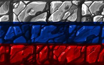 العلم الروسي, brickwall, 4k, البلدان الأوروبية, الرموز الوطنية, علم روسيا, الإبداعية, روسيا, أوروبا, روسيا 3D العلم