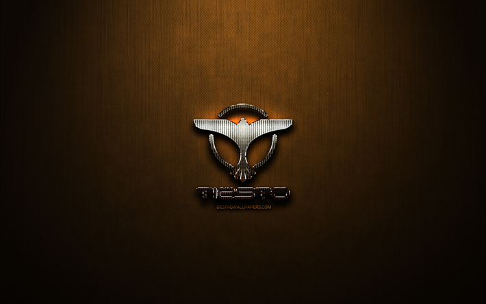 DJ Tiesto paillettes logo, de cr&#233;ativit&#233;, de stars de la musique, en m&#233;tal bronze de fond, DJ Tiesto logo, marques, DJ Tiesto