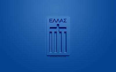 ギリシャ国サッカーチーム, 創作3Dロゴ, 青色の背景, 3dエンブレム, ギリシャ, 欧州, UEFA, 3dアート, サッカー, お洒落な3dロゴ