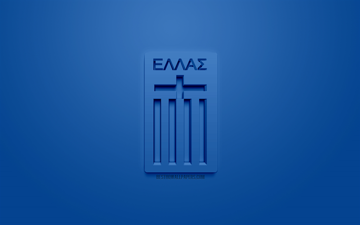 Greece national football team, creative 3D logo, blue background, 3d emblem, Greece, Europe, UEFA, 3d art, football, stylish 3d logo